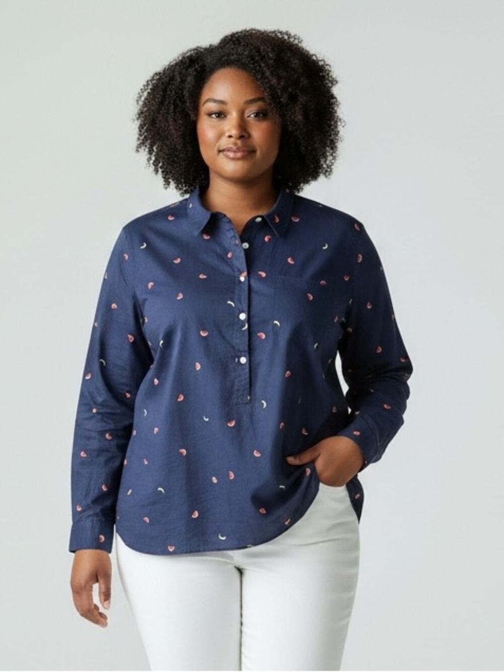 GAP 100% Cotton Navy Blue Print Button Front Top Fruits Women’s Size XXL